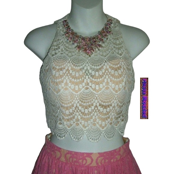 Studio 17 Dress Prom Crochet Crop Top Lace Tulle Skirt Pink Boho Carrie Bradshaw - Picture 7 of 15